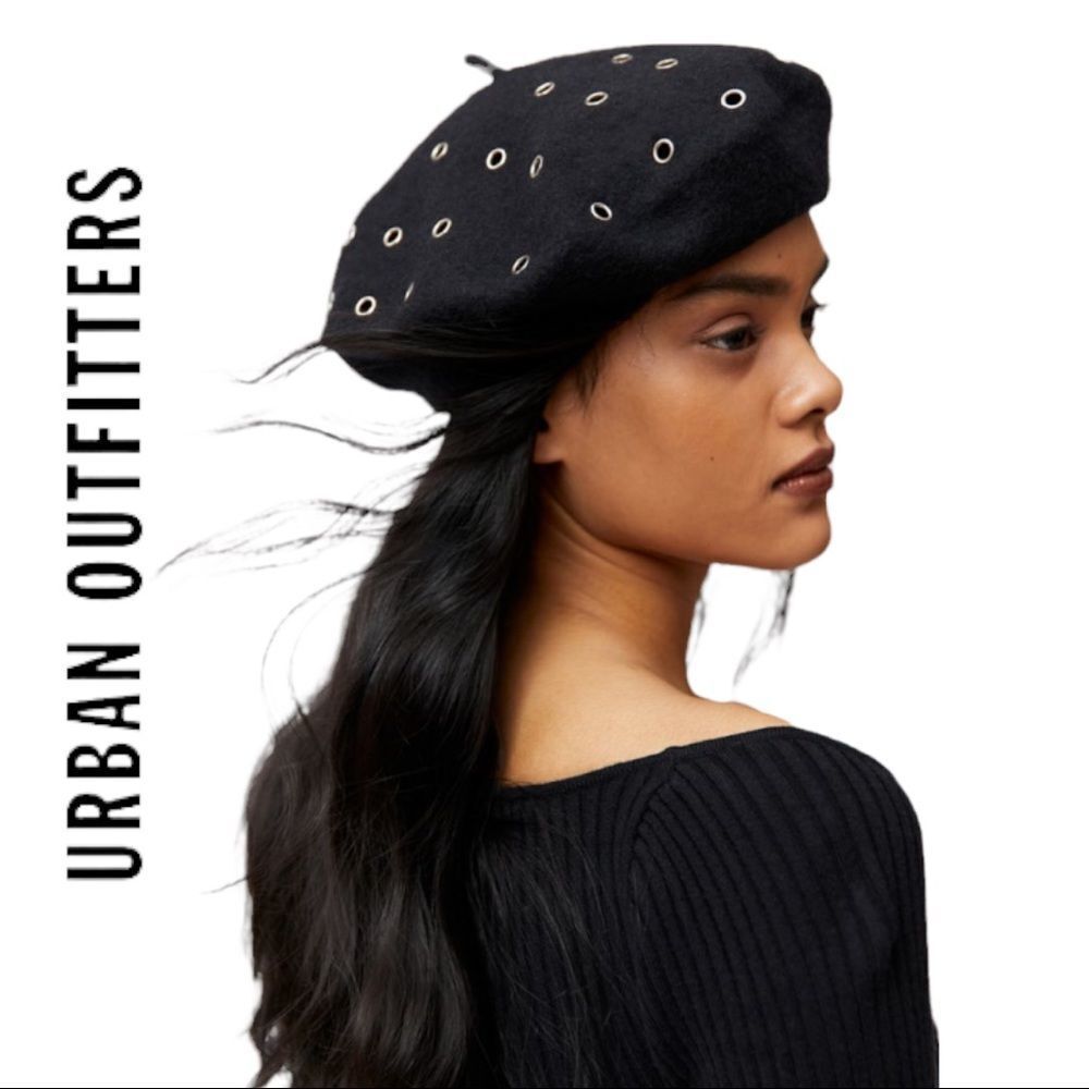 Urban Outfitters Black Beret with Silver Eyelets